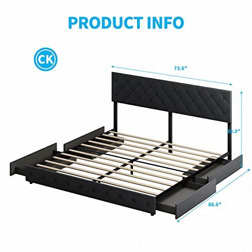 Mjkone Upholstered Platform Bed Frame With 4 Storage Drawers, Pu Leather Modern Bed Frame With Adjustable Headboard, No Box Spring Needed/Easy Assembly (Black, California King) #TOP1