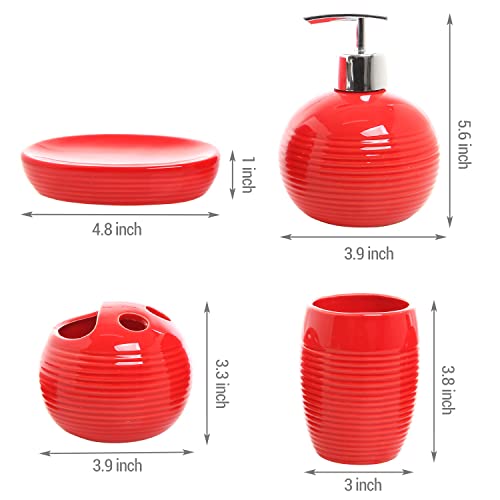 Mygift 4 Piece Modern Red Ceramic Bathroom Accessory Set With Ribbed Design, Includes Lotion/Liquid Soap Dispenser Pump, Toothbrush Holder, Tumbler, And Soap Dish #TOP4