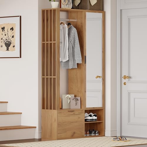 Garderobenschränke mit Flur, 6-in-1-Eingangsschrank, Flurschrank mit Wäscheständer, Garderobenschrank und Spiegel, Schrank mit unterer Tür, Holzfarbe, 100x33x190cm