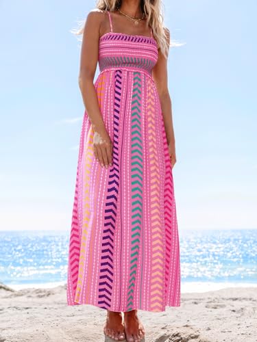 Image of CUPSHE Women Spaghetti Straps Boho Maxi Dress Summer Sleeveless Smocked Floral Beach Long Dress Flowy Cruise Vacation Outfits