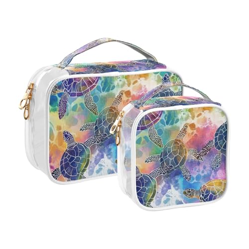 Clear Makeup Bag Approved Clear Travel Toiletry Bag with Zipper Waterproof Organizer Bags Transparent Cosmetic Pouch Traveling 2Pack Colorful Watercolor Sea Turtles2