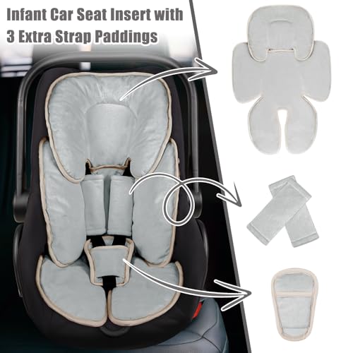 Image of 2 in 1 Infant Car Seat Insert Head and Body Support Set, Reversible Newborn Insert for Carseat with 3 Extra Strap Paddings, Soft Stroller Cushion Pillow Insert Girls, Fits for Stroller, Swing, Grey