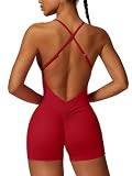 Ecupper Mono Corto para Mujer con Tirantes Finos y Espalda Descubierta, Enterizo Ajustado y Adelgazante para Deporte y Ocio Rojo S