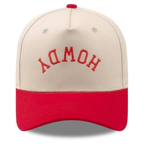 SoGoNati Two-Tone Cotton Baseball Cap with Embroidered Western Sayings - Adjustable Cowboy Style Hat for Men and Women - Howdy Red Beige