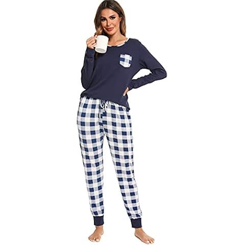 Vlazom Pyjamas Set for Women, Soft Two Pieces Pj's Sets Long Sleeve Tops and Plaid Pants Sleepwear with Pockets D-Blue, M Cover