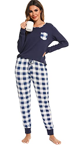 Vlazom Pigiami Donna Lunghi Invernale Top Manica Lunghe e Pantaloni Lunghi a Quadri Pigiama Set per Home Tempo Libero Regali di Natale，A-Blu，M