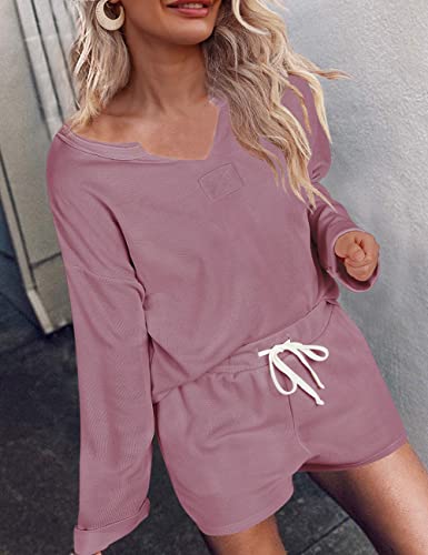 Merokeety Women's Long Sleeve Pajama Set Henley Knit Tops And Shorts Sleepwear Loungewear, Pink, M #TOP1