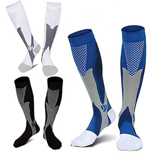 MAKINGTEC 3 Pairs of Sports Compression Socks, 20-30 mmhg Men's and Women's Running and Cycling Socks, Calf-length Sports Compression Gear Sleeve (Black+White+Blue, XL)