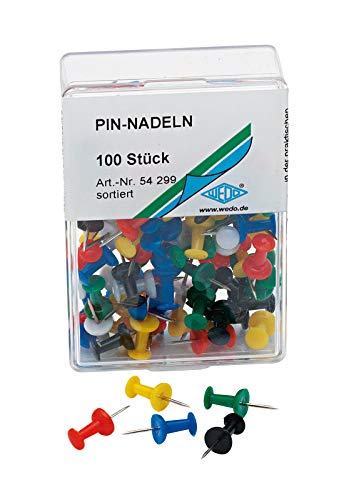 Wedo 54299 Pinnadeln Diabolo-Form, Länge 2,3 cm, Kopfdurchmesser 9 mm, Nadellänge 1,1 cm, 100 Stück in Klarsichtdose, farbig sortiert