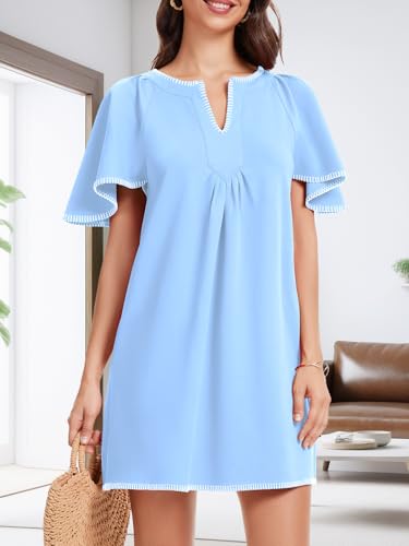 Image of KEOMUD Women's Summer Short Sleeve Mini Dress Casual V Neck Contrast Trim Flowy Shift Dresses with Pockets