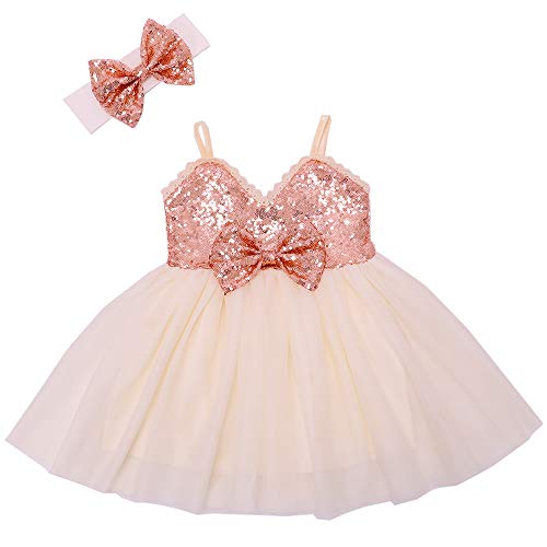 Cilucu Baby Girl Sequin Tutu Dress Flower Girl Dress Kids Wedding Princess Dress Child Birthday Party Gown Sparkle Spaghetti Strap Dress Christmas Halloween Rose Gold Off White 6-12 Months