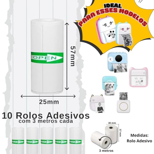 Bobina Adesiva Térmica 55x25 57x30 Kit 10 Bobinas 3 Metros Rolo Mini Impressora Portátil Papel Prova