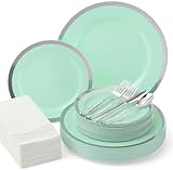 By Madee: 175 Pcs Heavyweight Disposable Dinnerware Set for 25 Guests | Dinner Plates, Salad Plates, Silverware & Napkins | Disposable Plates for Party, Weddings & Elegant Events (Tiffany Blue)