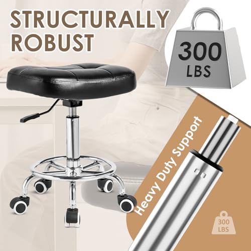 Image of Rolling Stool Wider Rectangular Cushion - Provides a Comfortable, Stable Support Surface with Loop Footrest for Leg Support, Adjustable Stool with Wheels for Salon Tattoo Massage Office Home (Black)