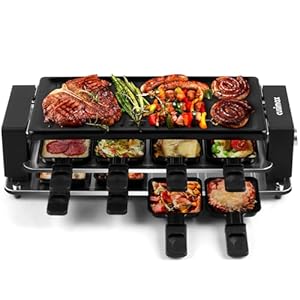 CUSIMAX Raclette Grill Korean BBQ Grill, Portable Raclette Table Grill Electric Grill with Non-stick Plate, Adjustable Temperature Control, Indoor Grill with Cool Touch Handles, 8 Cheese Trays for Fun