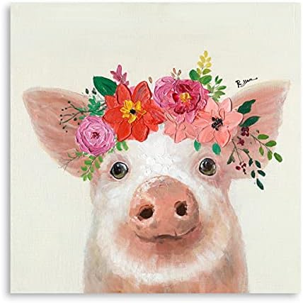 Pig Decor Gifts for Pig Lovers: Farm Animal Pictures Cute Pig Cavnas Wall Art Work Decor Peach Pig with Floral Crown Painting for Kitchen Nursery Bathroom Bedroom House Decorations Framed 12"x12"