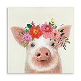 Pig Decor Gifts for Pig Lovers: Farm Animal Pictures Cute Pig Cavnas Wall Art Work Decor Peach Pig with Floral Crown Painting for Kitchen Nursery Bathroom Bedroom House Decorations Framed 12'x12'