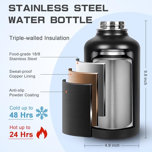 Image of GAZLEMHO Insulated Water Bottle 64 oz, Half Gallon Water Jug Cold 48H, BPA Free Stainless Steel Bottles with Straw /Chug 2-in-1 Lid, Bag, Paracord Handle, Silicone Boot, Sports Gym School Metal Flask