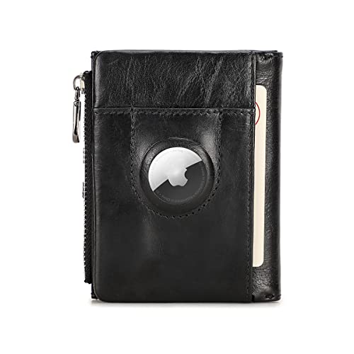 Contacts Bifold Wallet Leather AirTag Purse for Women Men Minimalist Small Coin Card Zipper Pocket with RFID Blocking (Black)