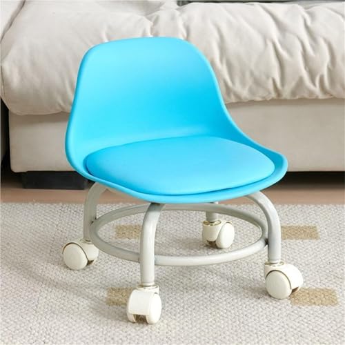 Taburete bajo de piel sintética de plástico con soporte para la espalda, taburete con ruedas para masaje, oficina, hogar, jardín, garaje, tienda (azul)