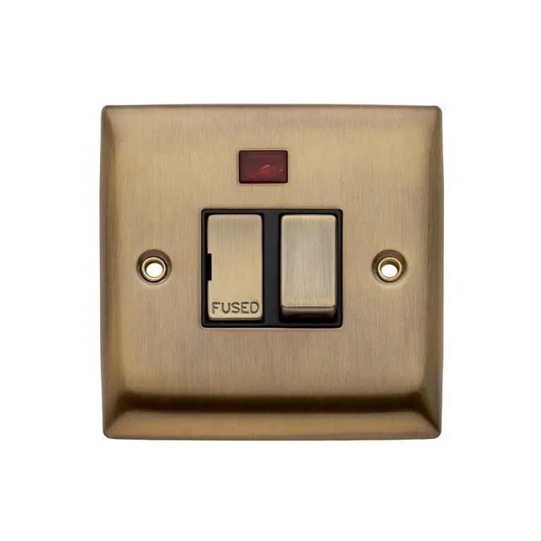 Britelite Switched Fused Spur - Antique Brass Finish 13A Fused Connection Unit with Power Indicator LED Light, Overload Protection for Hard Wired Appliances, Ideal for Traditional Home Settings