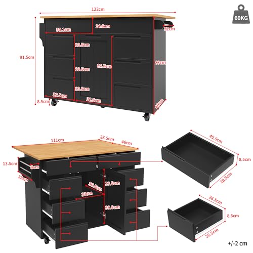 Idemon Moderna isla de cocina, armario de cocina, carrito de cocina extensible con ruedas y encimera, carrito de servir con estante para especias y 8 cajones, color negro - imagen 5