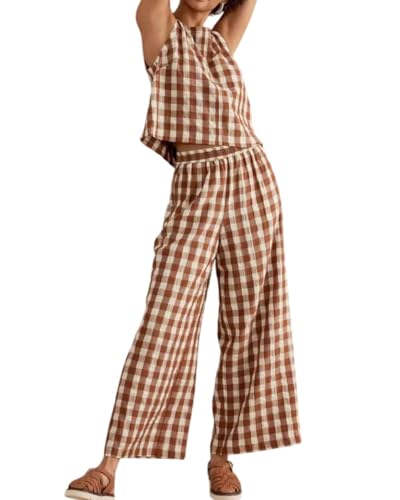 Women 2 Piece Outfits Cotton Gingham Pajama Set Y2K Plaid Sleeveless Top Wide Leg Pants Lounge Matching Set S-XXL