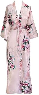 OLDSHANGHAI Women's Kimono Robe Long - Peacock & Blossoms Light Pink (on-Seam Pocket)