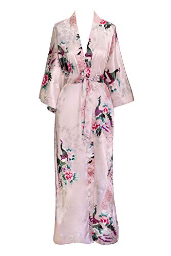 OLDSHANGHAI Women's Kimono Robe Long - Peacock & Blossoms Light Pink (on-Seam Pocket)