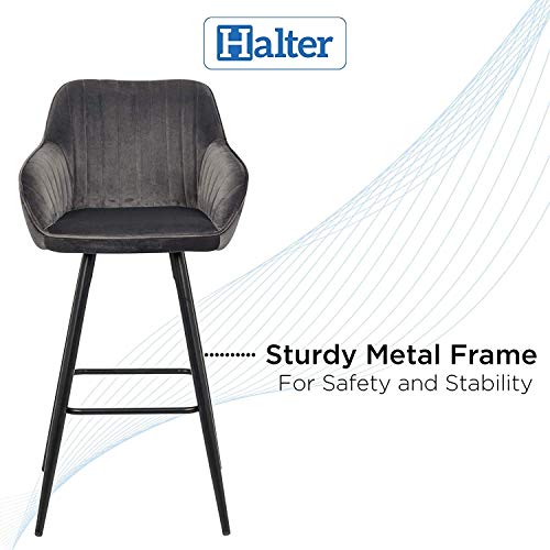 Halter Bar Stool with Back Support and Footrest, Upholstered Modern Bar Stools for Kitchen Counter, Plush Grey Fabric and Black Metal Frame, Kitchen Stools for Island or Counter, 40 Inch, (2 Pack).