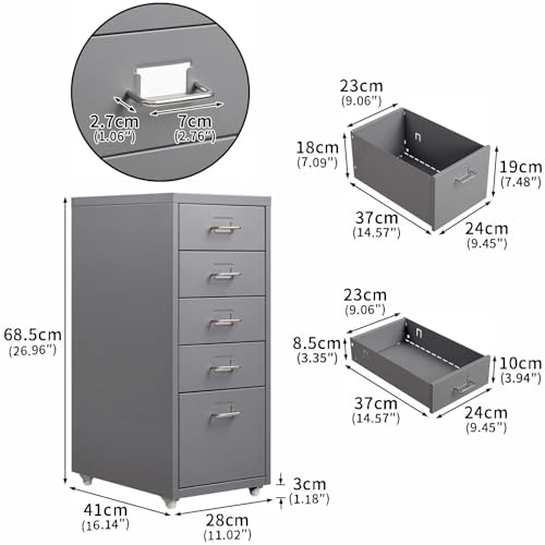 HollyHOME 5-Drawer Mobile File Cabinet, Filing Cabinet, Rolling Filing Organizer, Metal Storage Cabinet with Casters for Home,Office and School, Grey - Image 2