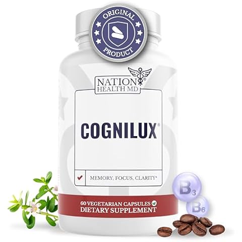 NATION HEALTH MD Cognilux - Brain Supplements for Memory and Focus - Nootropic Focus Supplement with Niacin, Vitamin B6, GABA and More - Memory Supplement for Brain, Brain Health, 60 Capsules Cover