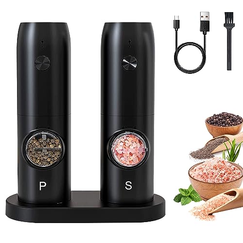 Electric Salt and Pepper Grinder Set, Rechargeable Pepper Grinder with Charger Tray, USB Cable, One Hand Operation, Adjustable Coarseness with Ceramic Grinder (Set of 2,Black)
