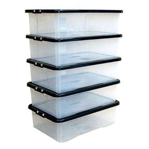 Plastic Storage Boxes Chest Under Bed Lid Drawer Organiser Container Case x5