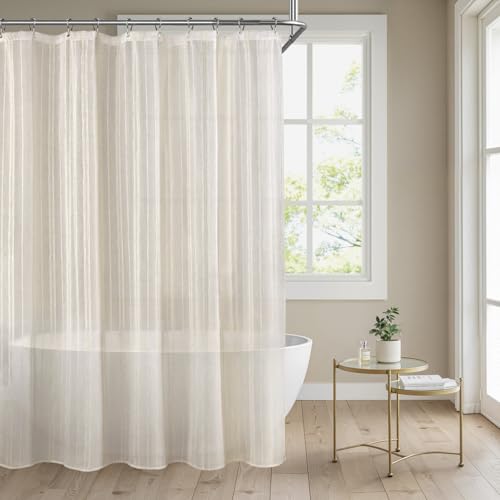 XOGUIBO Linen Shower Curtain Cream, Sheer Fabric Boho Farmhouse Shower Curtains for Bathroom Cotton Natural Cloth Liner Set 72" W x 72" L