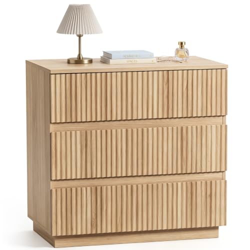 Karl home Natural Oak 3 Drawer Fluted Nightstand, Modern Storage Chest