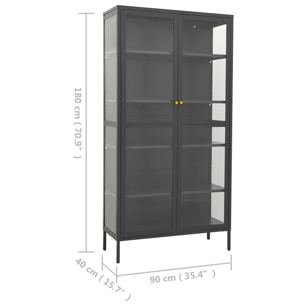 Anthrazit Vitrine 90x40x180 cm Stahl gehärtetes Glas mit 4 Einlegeböden Beistellschrank für Wohnzimmer Büro Stauraum und Ordnung