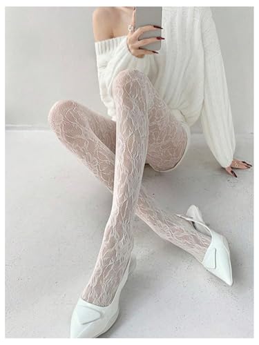 Image of RoseSeek Women's Floral Lace Fishnet Tights Kawaii Y2K See Through Stocking