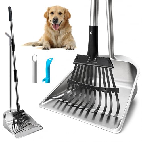 JOZDAUP Dog Pooper Scooper for Large Dogs with Heavy Duty Stainless Steel Large Capacity Tray and 45" Carbon Steel Long Handle Rake, Rust-Proof Poop Scoop Set for Grass, Concrete and Gravel