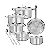 Batería De Cocina Acero Inoxidable 15 Piezas，Sartenes Acero Inoxidable Juego De Ollas Funciona Con Estufas De...