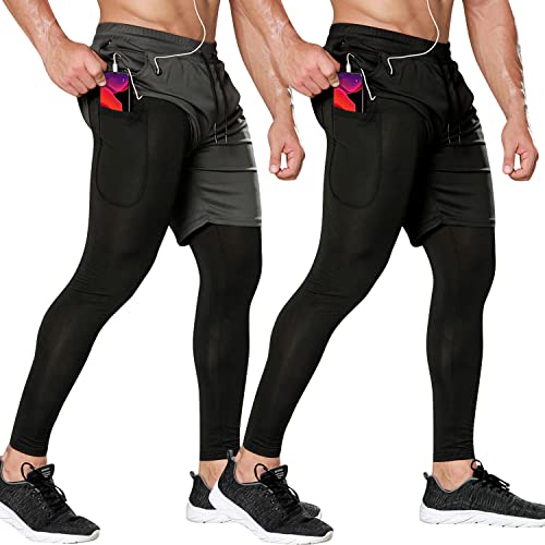Odoland_UN-US Odoland 2 Pack Mens Compression Running Pants, 2 in 1 Quick Dry Athletic Workout Sweatpants Shorts Gym Leggings with Pocket