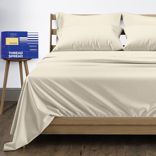 Image of THREAD SPREAD Egyptian Cotton Sheets Queen Size - 1000 Series High Thread Count Cotton Queen Sheet Set (6 PC, Ivory), 16 inch Snug Fit Deep Pocket, Cooling, Sateen Weave, Ultra-Soft Hotel Luxury Sheets