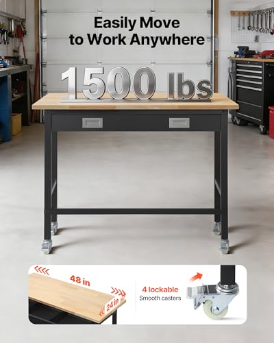 Image of VEVOR 48-inch Workbench, 1500 lbs Load Capacity, Garage Workbench with Drawer Storage & Wheels, Workshop Bench on Wheels, Heavy Duty Oak Wood Top Work Table for Garage, Workshop, Office, and Home