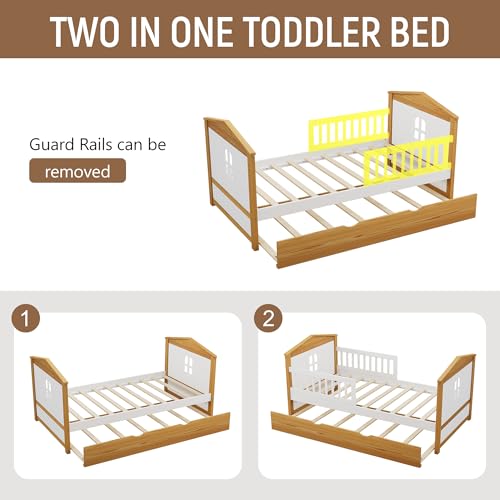 Twin-Size-House-Shape-Bed-with-with-Trundle-and-Safety-Fence-Guardrails-Bed-Toddler-Bed-for-Girls-BoysNo-Box-Spring-Needed-Walnut-and-White Twin Size House Shape Bed with with Trundle and Safety Fence Guardrails Bed Toddler Bed for Girls BoysNo Box Spring Needed Walnut and White