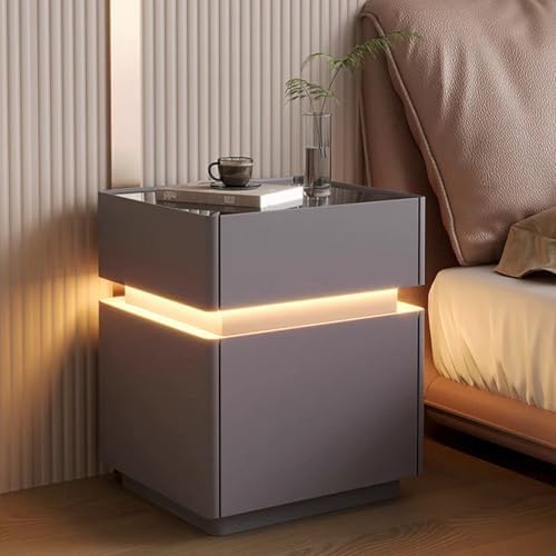 Smart Bedside Table with Drawers & LED Lights, Leather Nightstand with Fingerprint Lock, Compact Wooden Night Stand for Bedroom & Living Room, Brown, 50cm