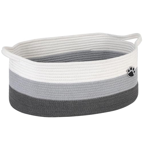 Image of Optish Dog Toy Basket, 30L Toy Box and Bin for Dog Cat Storage, 19.7 inch X 11 inch X 7.9 inch Large Woven Rope Basket for Blankets, Living Room, Bedroom, White & Grey