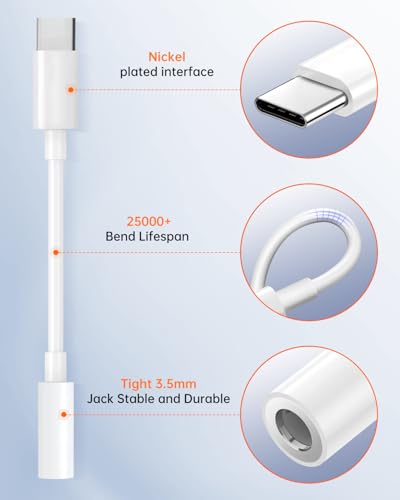 Image of USB C to 3.5mm Headphone Adapter, Hi-Fi Audio Dongle with DAC Chip & Mic Support, Type C to Aux Jack Cord for iPhone 17 /16 /15 Pro Max, Samsung Galaxy S25 /S24 /S23 /S22, Pixel, iPad - White (2 Pack)