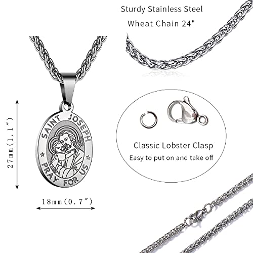 P. BLAKE Oval Saint Christopher/Michael/Joseph/Jude/Virgin Mary/Joseph/Francis/Patrick/Anthony/Benedict/Thomas Necklace for Men Women, Stainless Steel Catholic Patron Pendant with Chain 24 Inches