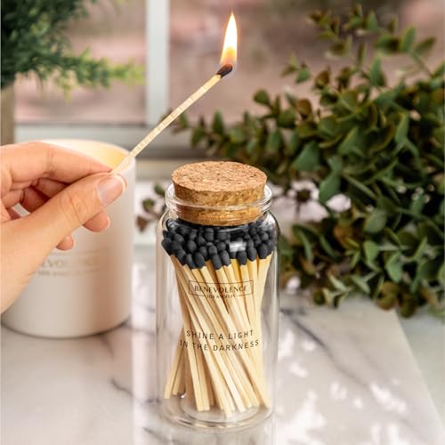 benevolence la decorative wooden matches in glass jar with striker  4 inches colored safety long match for lighting candles  apothecary home amp bathroom decor - midnight black