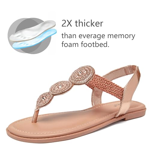 Luoika Women's Wide Width Flat Sandals, Flip Flop Thong Sandals Strappy Rhinestone Comfortable Summer Beach Shoes for Women.3